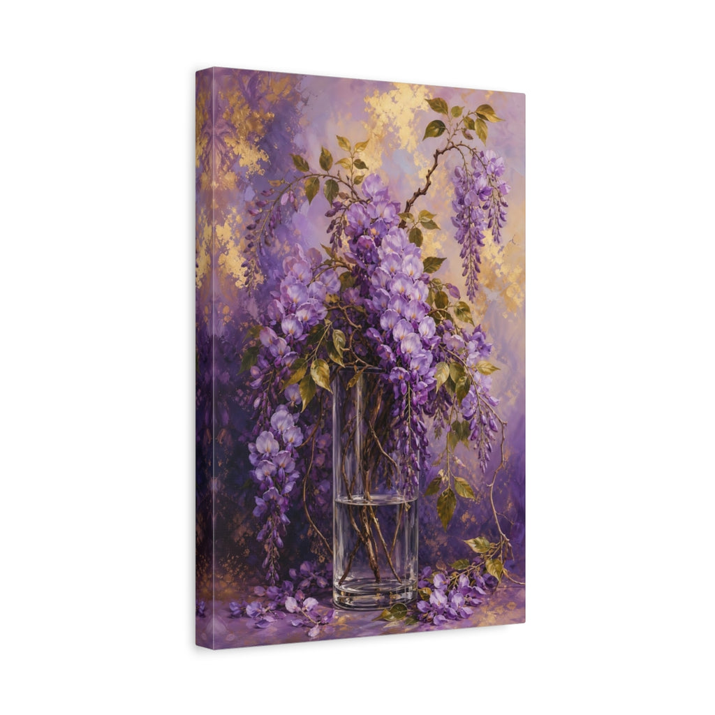 Side Mockup 4. Floral Wisteria Flowers Purple Wisteria shown as stretched canvas wall art