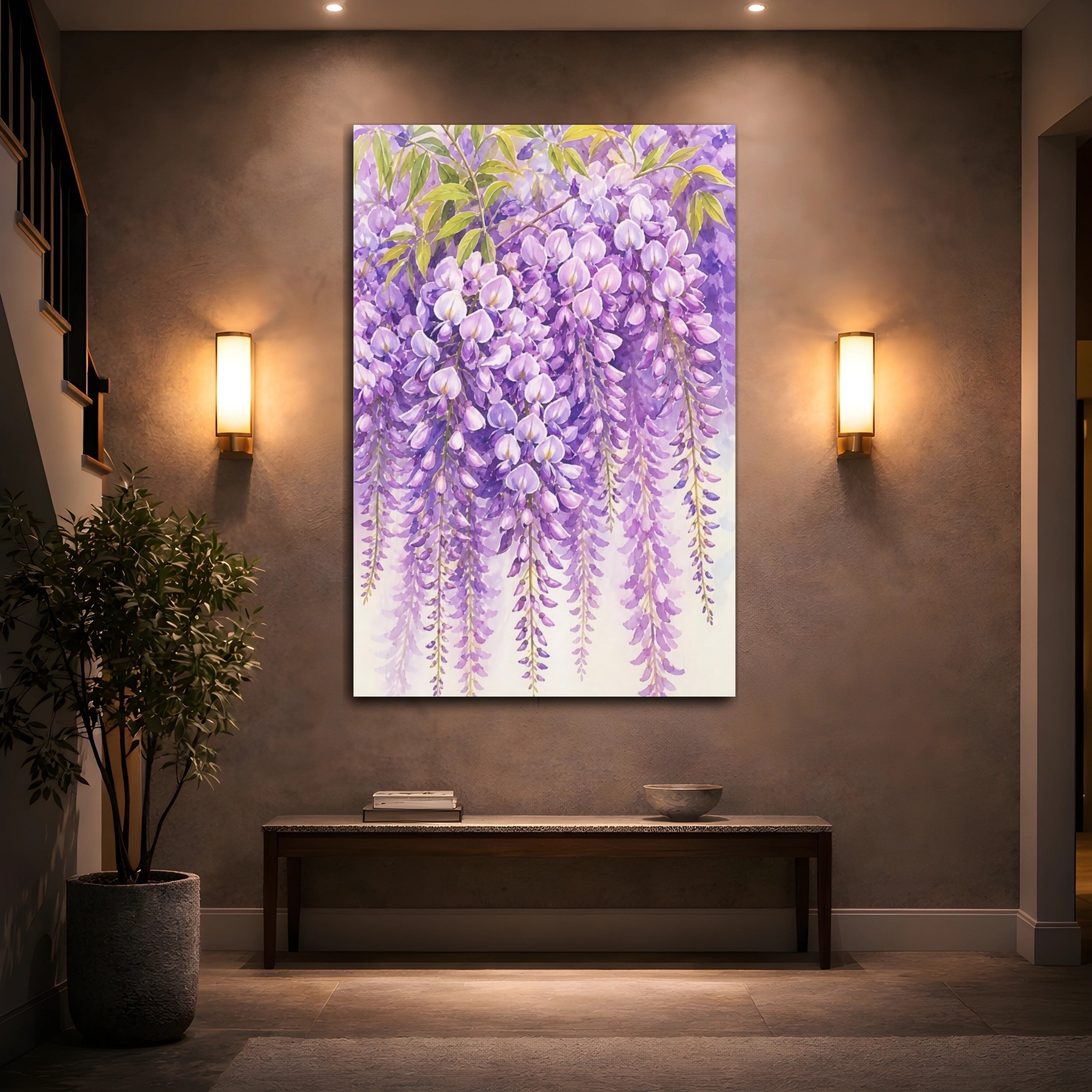 Mockup 2. Floral Wisteria Flowers Purple Floral shown as stretched canvas wall art