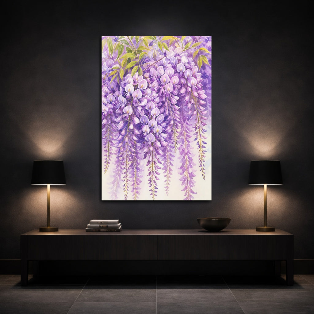 Mockup 3. Floral Wisteria Flowers Purple Floral shown as stretched canvas wall art