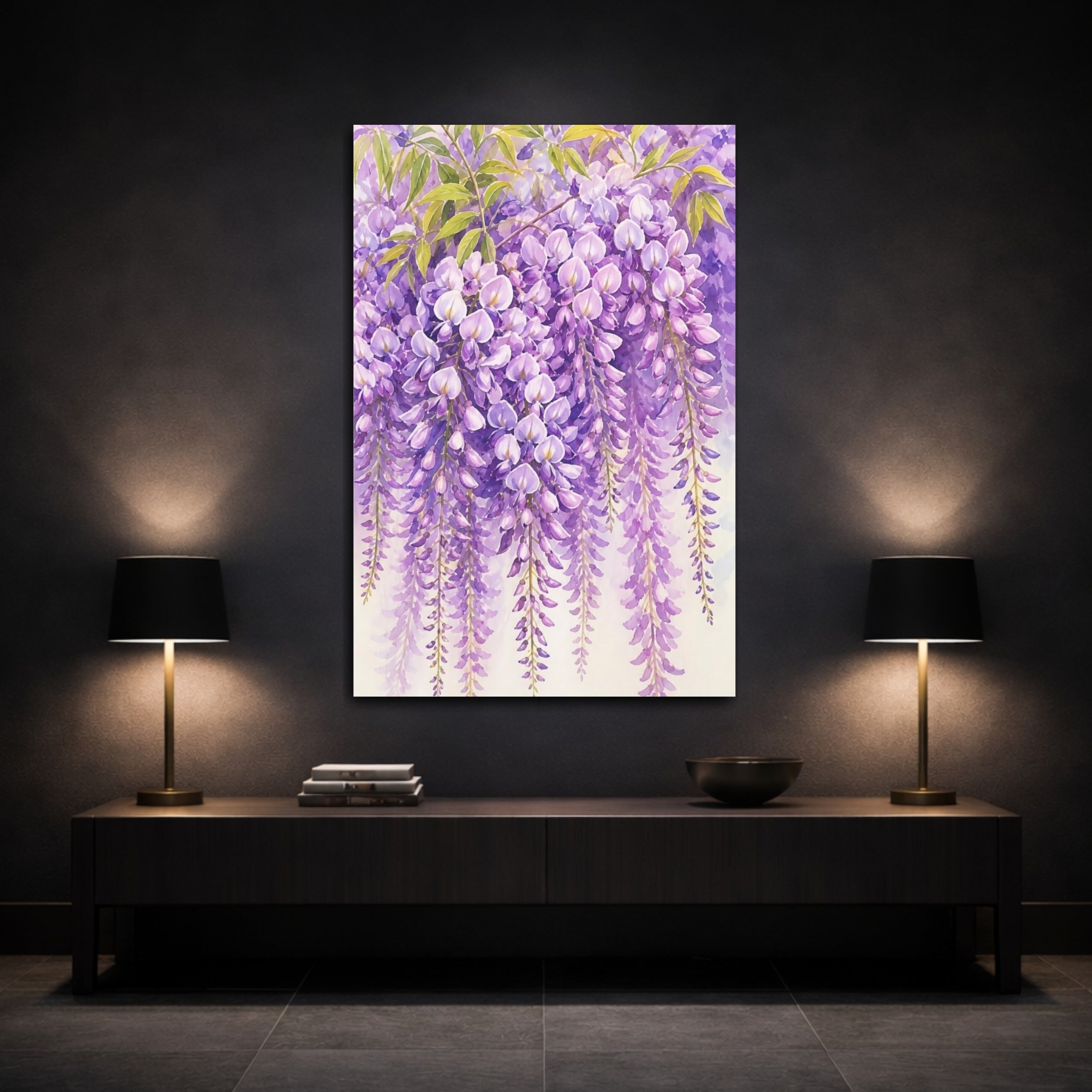 Mockup 3. Floral Wisteria Flowers Purple Floral shown as stretched canvas wall art