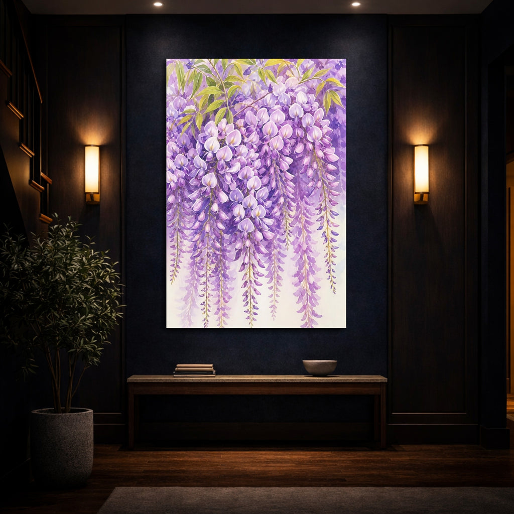 Mockup 4. Floral Wisteria Flowers Purple Floral shown as stretched canvas wall art