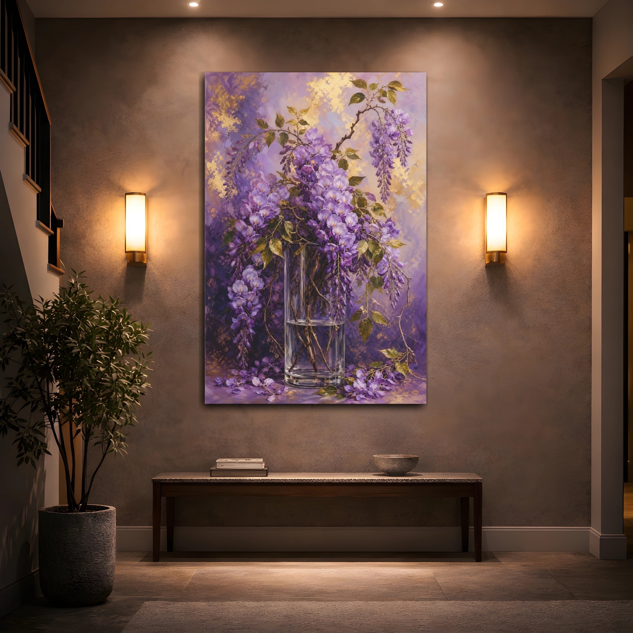 Mockup 2. Floral Wisteria Flowers Purple Wisteria shown as stretched canvas wall art