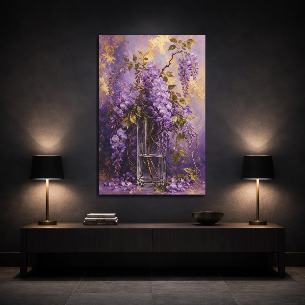 Mockup 3. Floral Wisteria Flowers Purple Wisteria shown as stretched canvas wall art