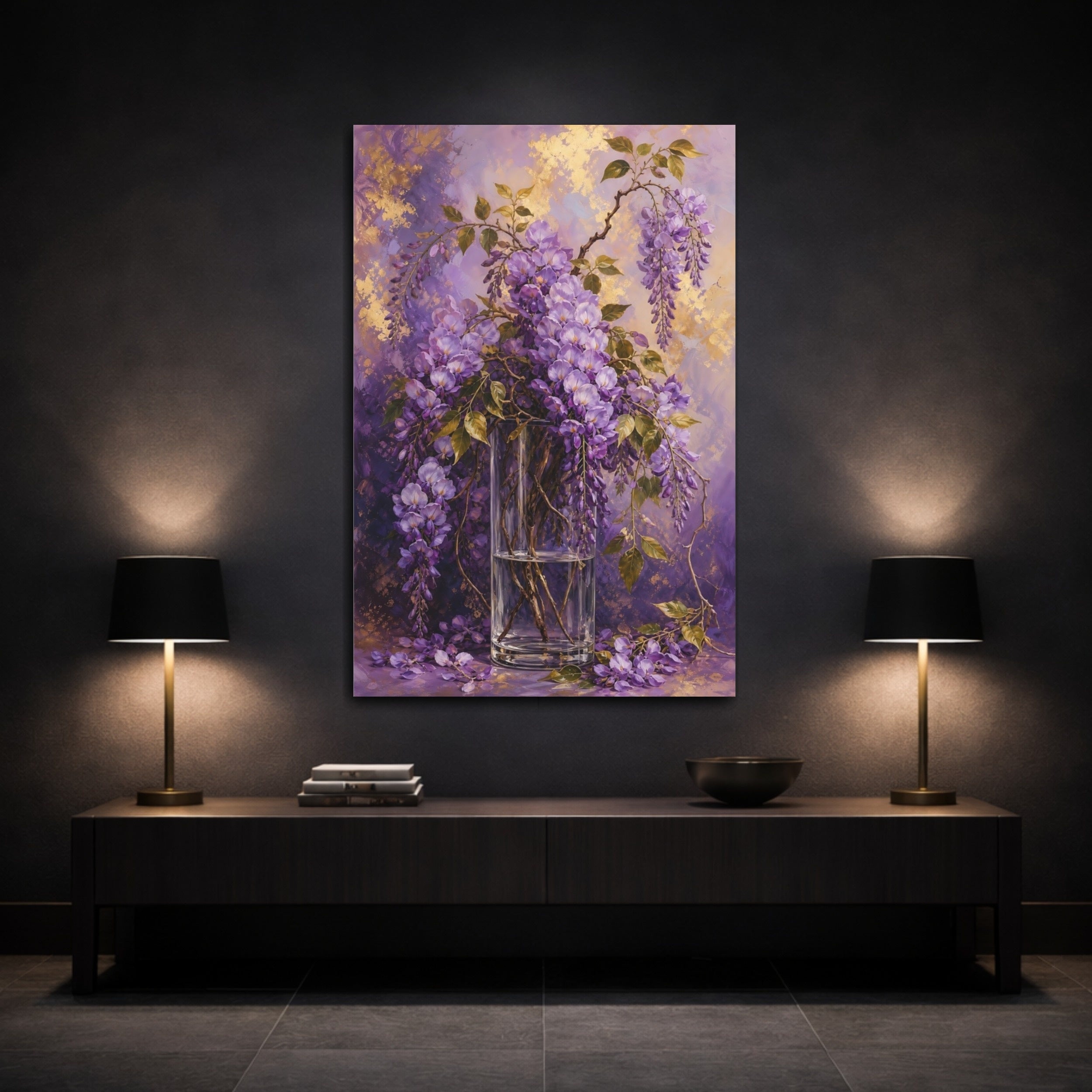 Mockup 3. Floral Wisteria Flowers Purple Wisteria shown as stretched canvas wall art