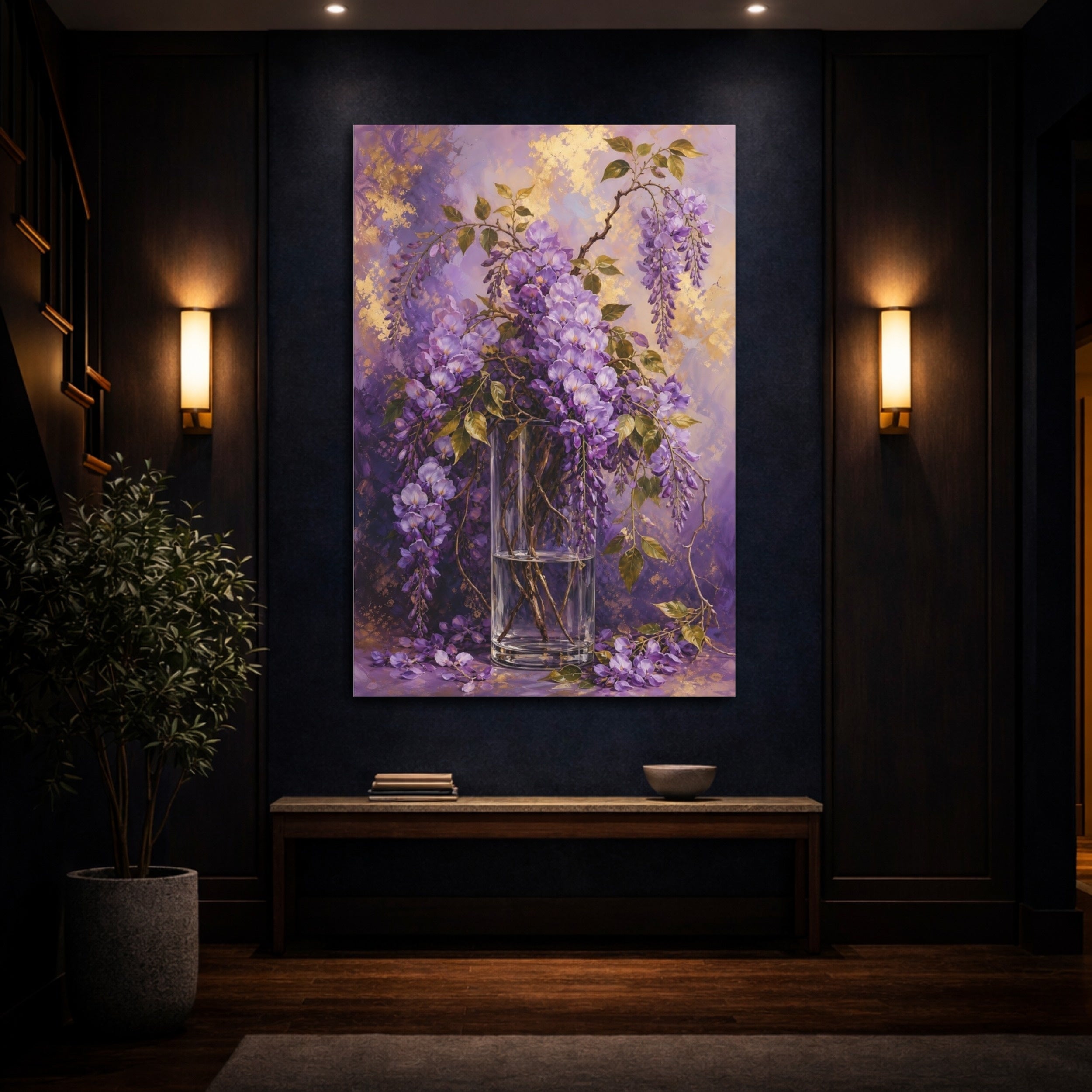 Mockup 4. Floral Wisteria Flowers Purple Wisteria shown as stretched canvas wall art