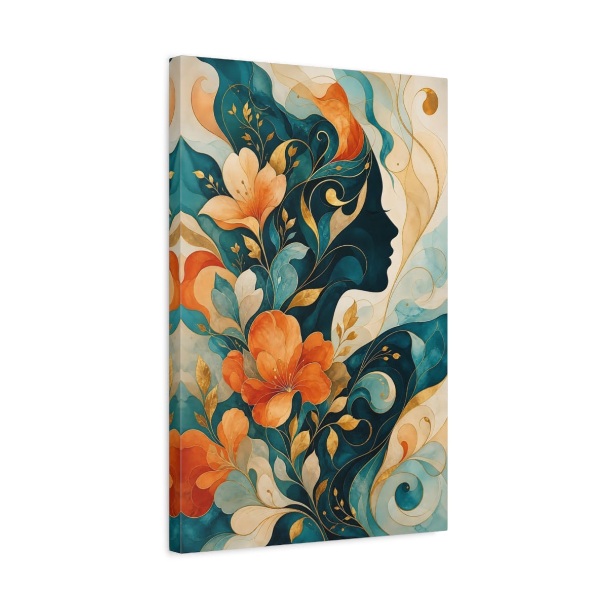Side Mockup 3. Floral Woman Profile Teal Orange Floral shown as stretched canvas wall art
