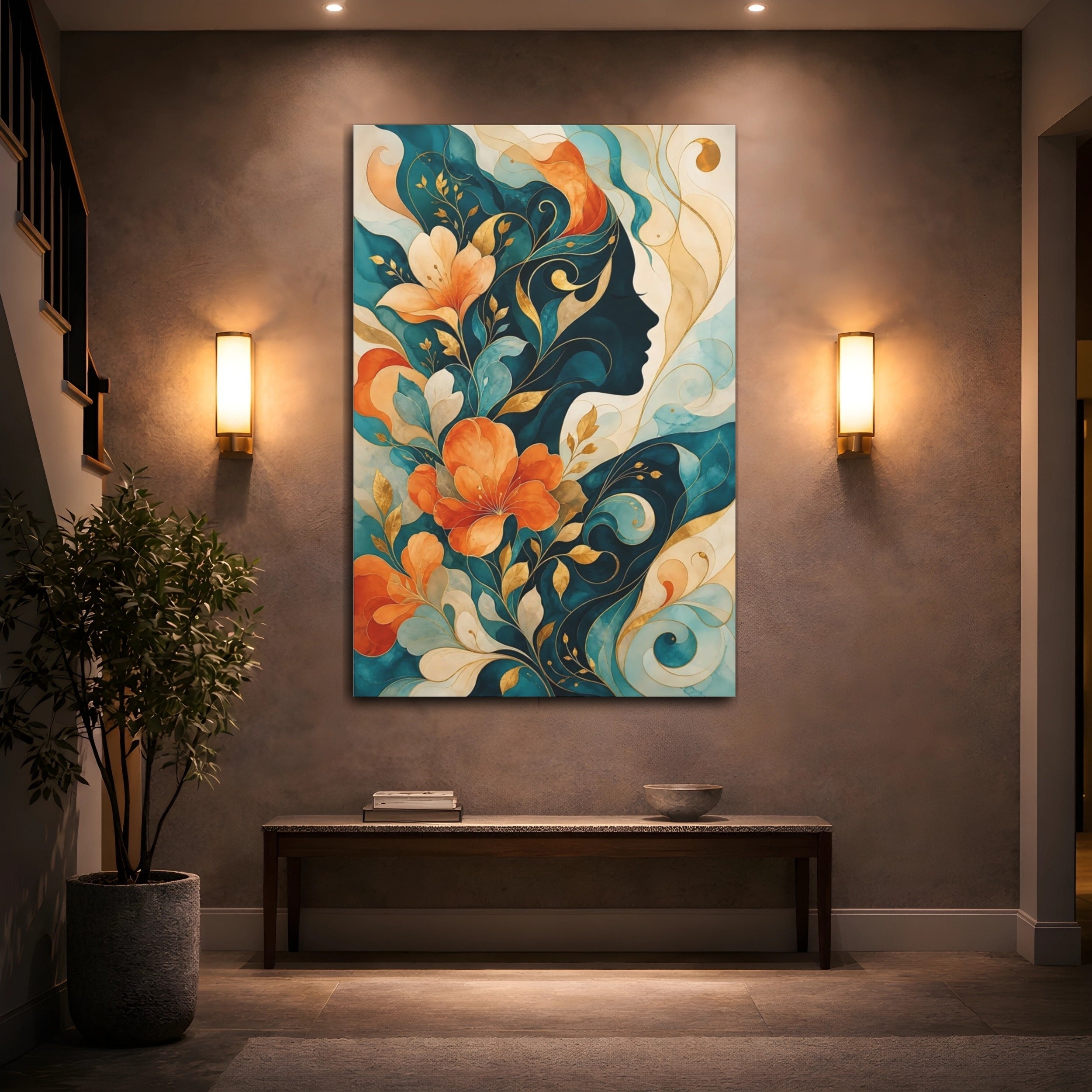 Mockup 2. Floral Woman Profile Teal Orange Floral shown as stretched canvas wall art