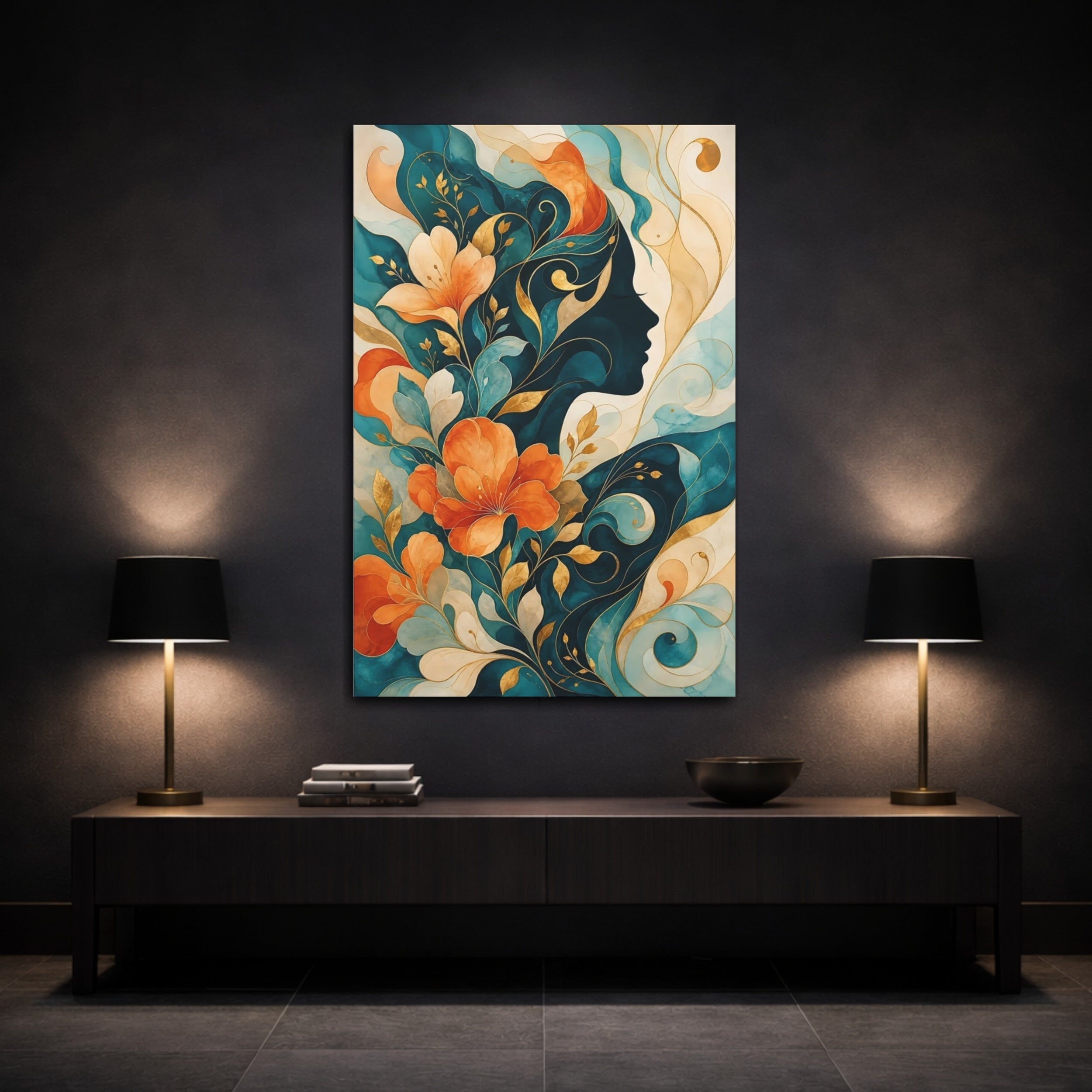 Mockup 3. Floral Woman Profile Teal Orange Floral shown as stretched canvas wall art