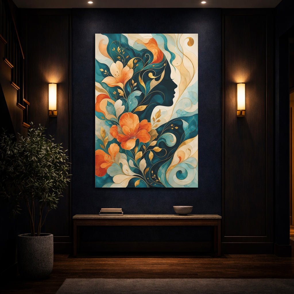 Mockup 4. Floral Woman Profile Teal Orange Floral shown as stretched canvas wall art
