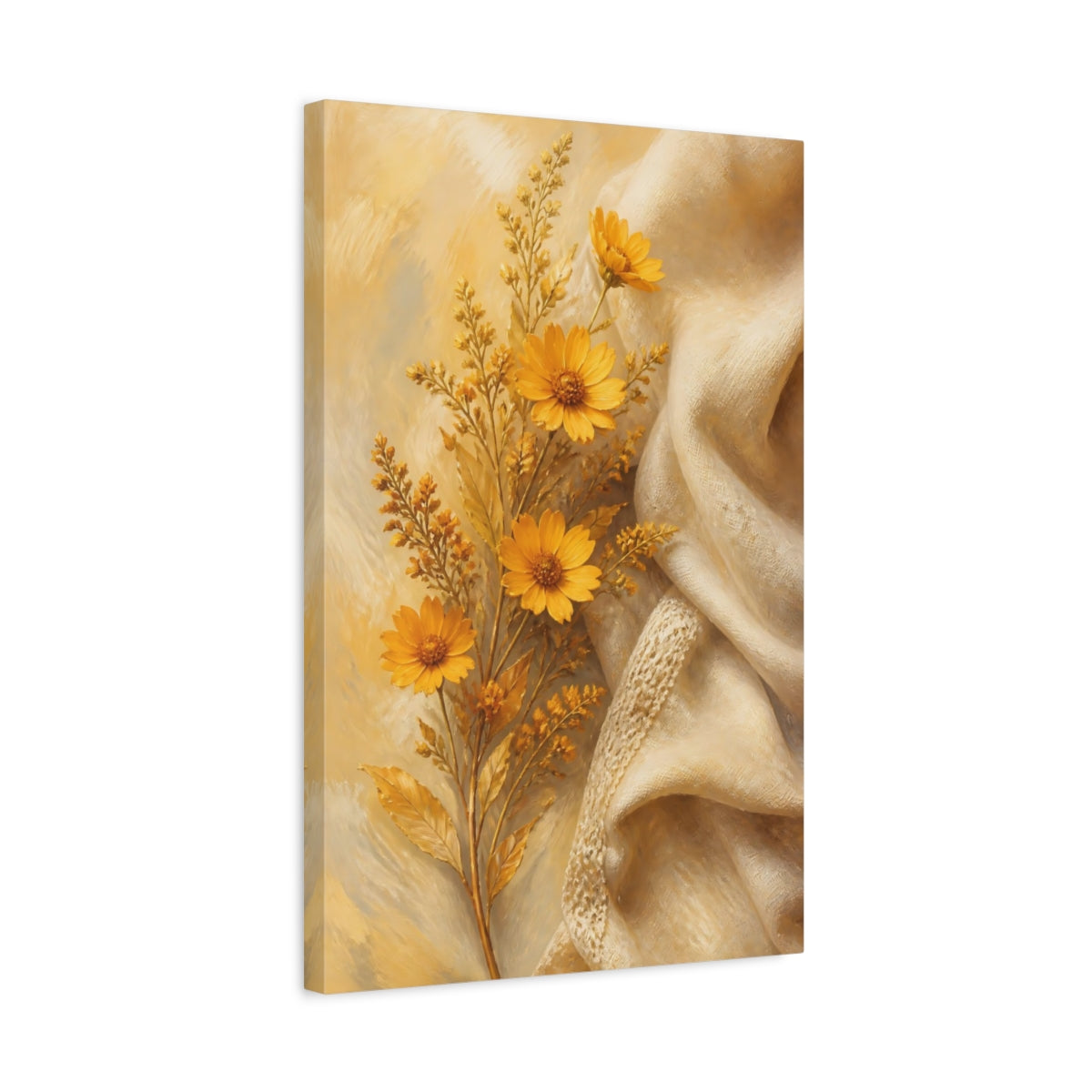 Side Mockup 3. Floral Yellow Flowers Yellow Flowers shown as stretched canvas wall art