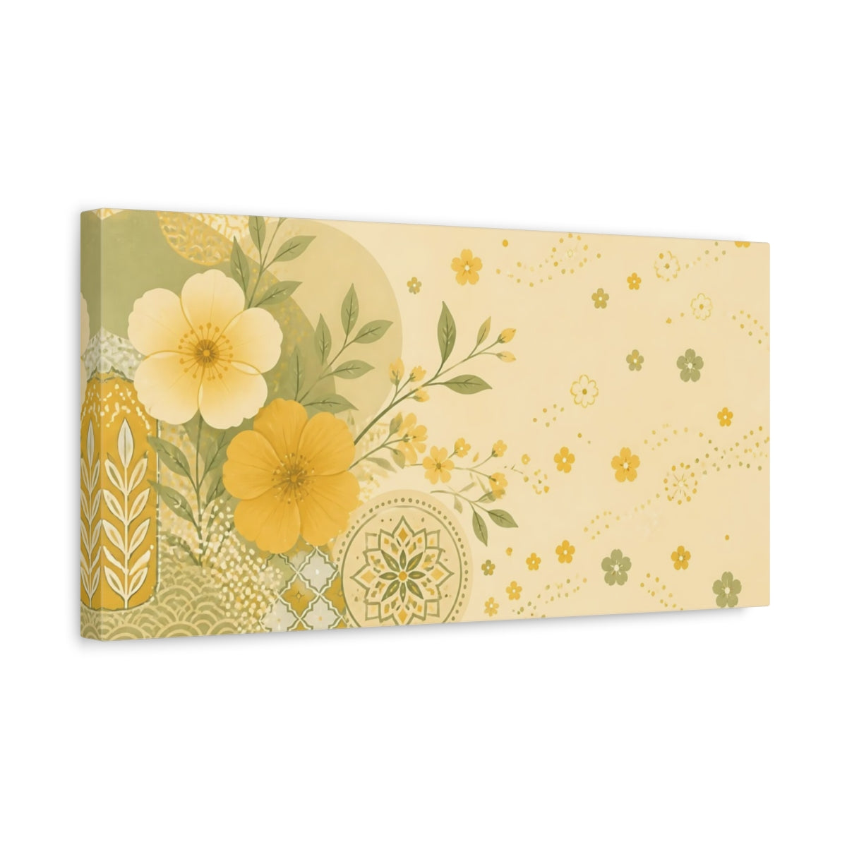 Side Mockup 3. Floral Yellow Flowers Yellow Floral shown as stretched canvas wall art