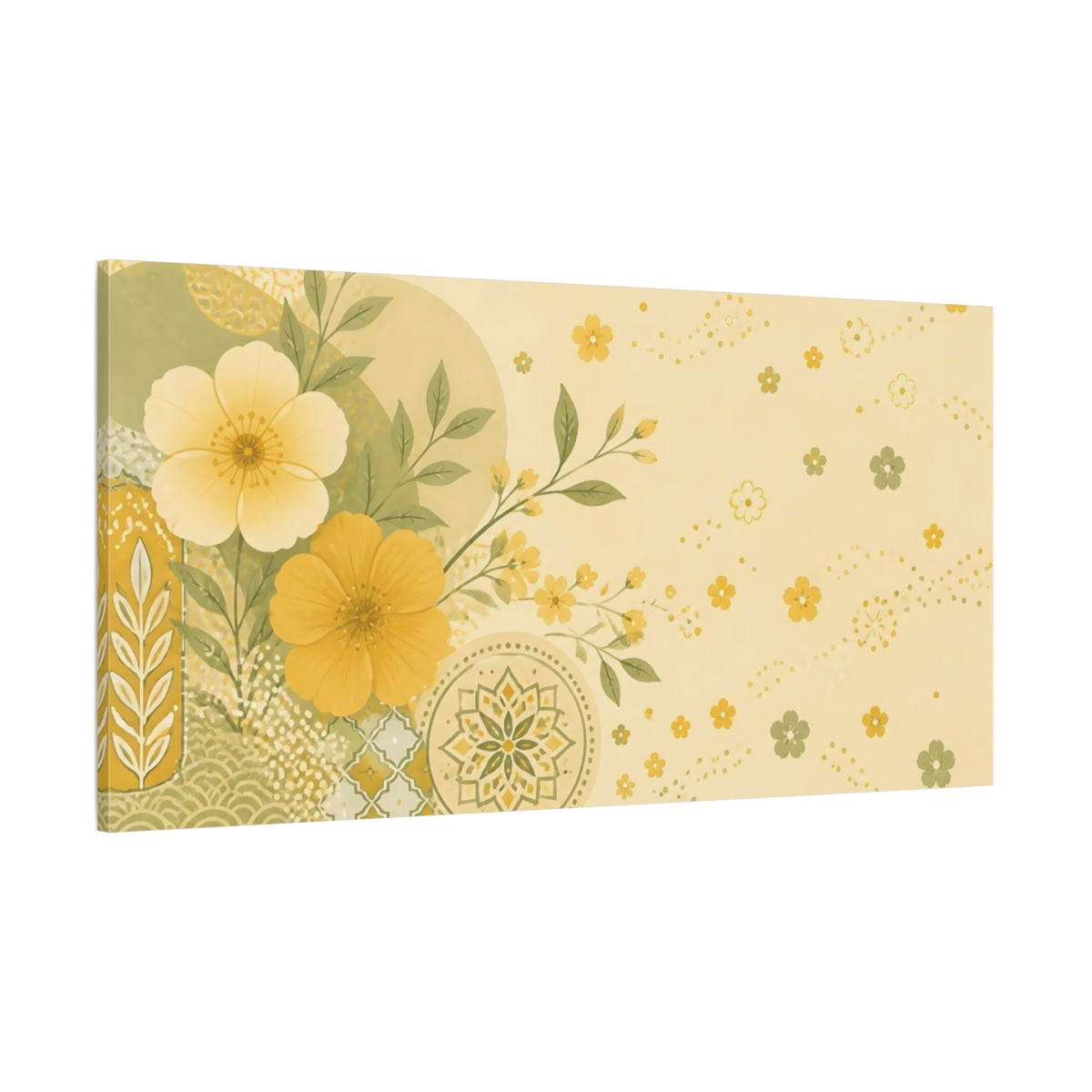 Side Mockup 2. Floral Yellow Flowers Yellow Floral shown as stretched canvas wall art