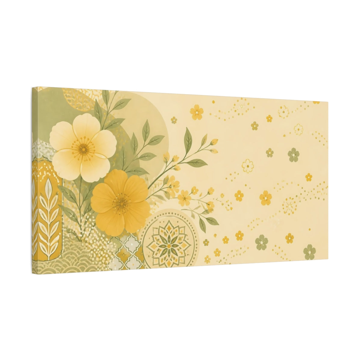 Side Mockup 1. Floral Yellow Flowers Yellow Floral shown as stretched canvas wall art