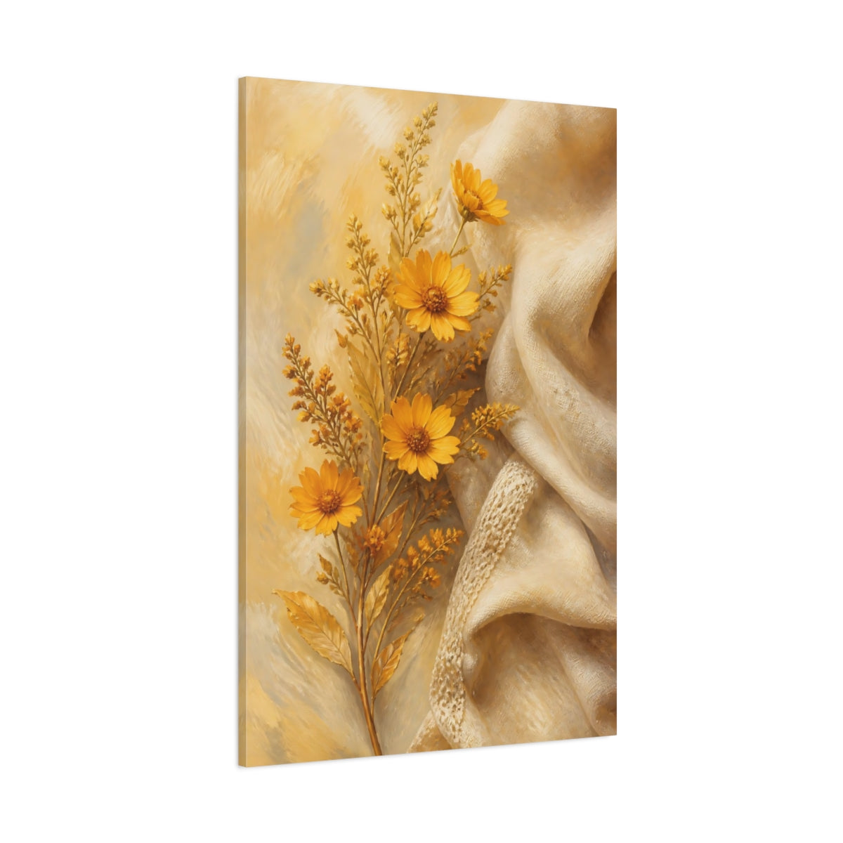 Side Mockup 1. Floral Yellow Flowers Yellow Flowers shown as stretched canvas wall art