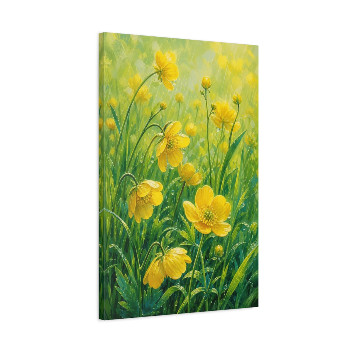 Side Mockup 2. Floral Yellow Flowers Yellow Green Floral shown as stretched canvas wall art