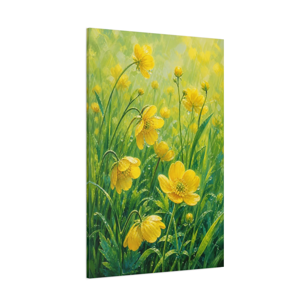 Side Mockup 1. Floral Yellow Flowers Yellow Green Floral shown as stretched canvas wall art