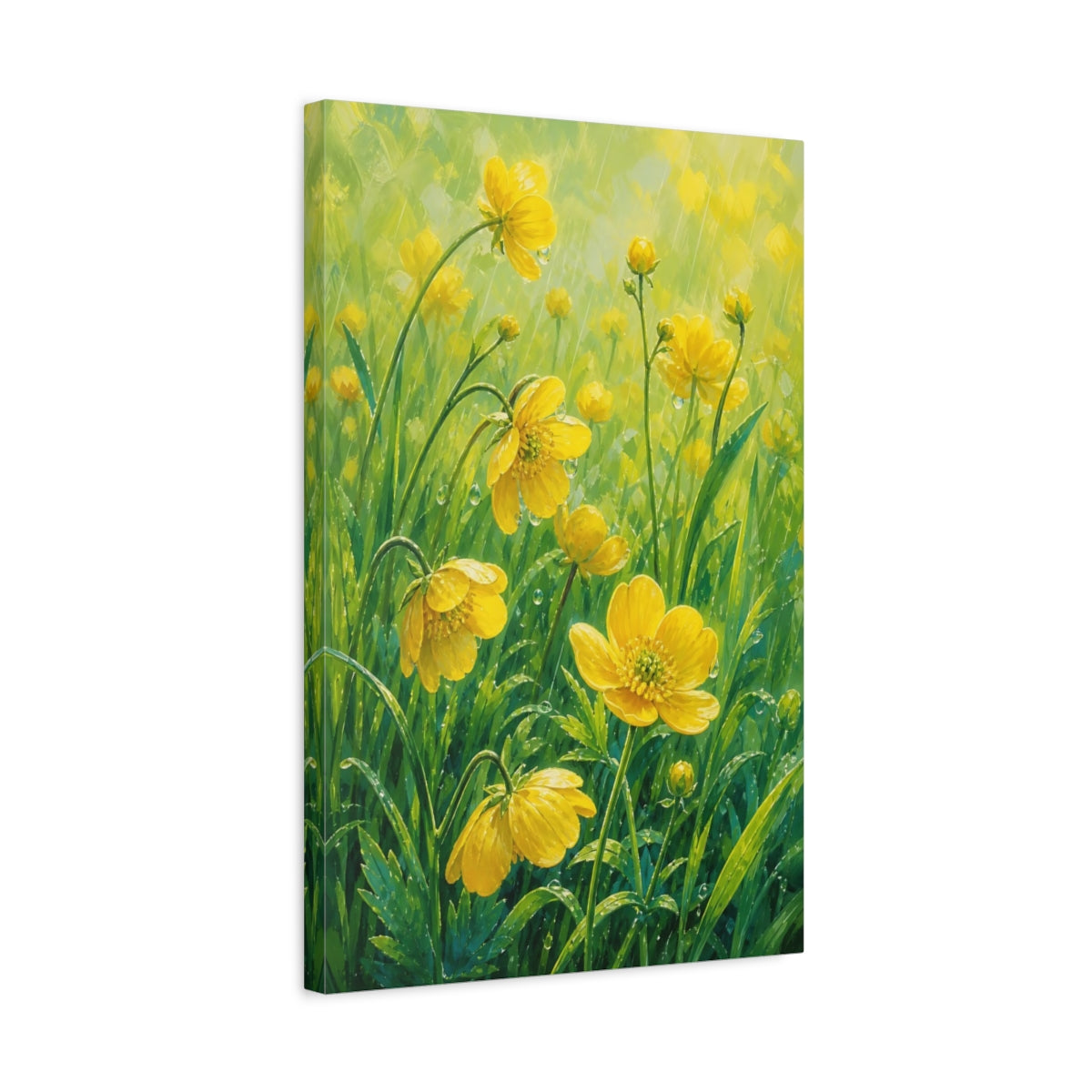 Side Mockup 3. Floral Yellow Flowers Yellow Green Floral shown as stretched canvas wall art