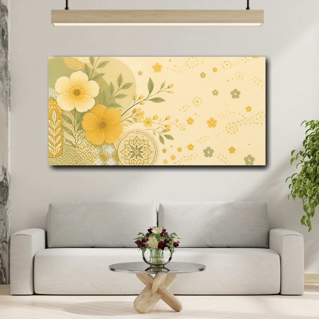 Mockup 2. Floral Yellow Flowers Yellow Floral shown as stretched canvas wall art