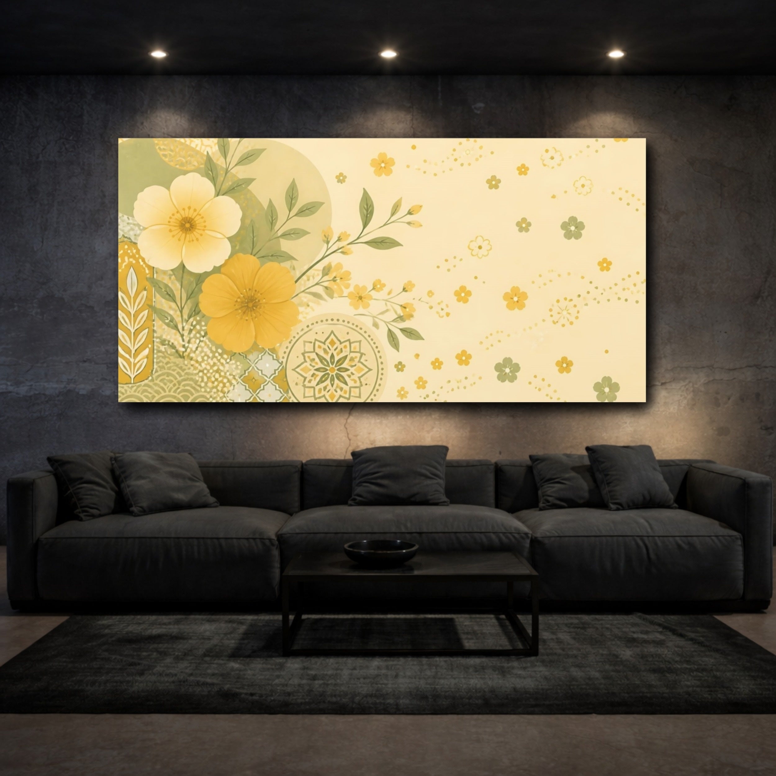 Mockup 3. Floral Yellow Flowers Yellow Floral shown as stretched canvas wall art