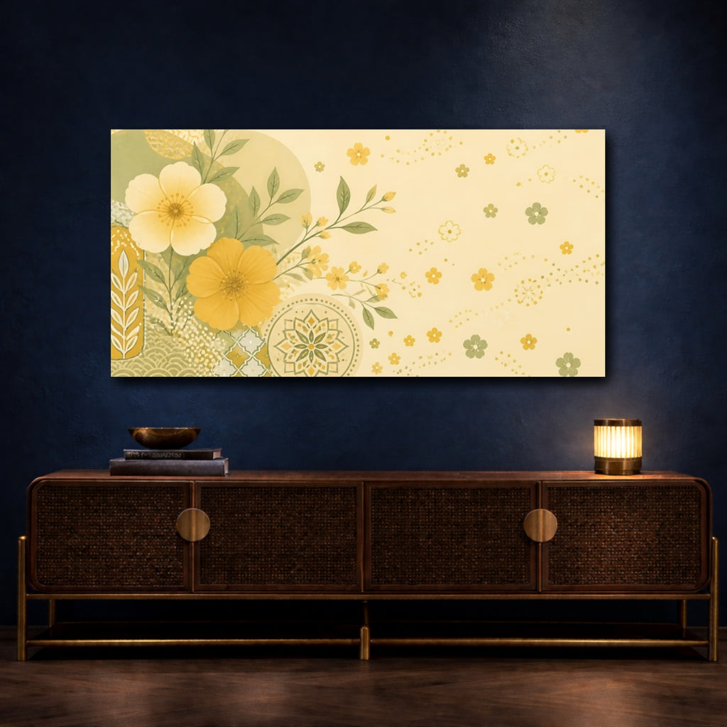 Mockup 4. Floral Yellow Flowers Yellow Floral shown as stretched canvas wall art