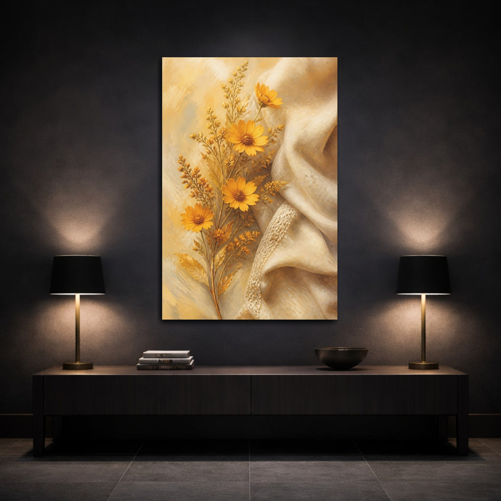 Mockup 3. Floral Yellow Flowers Yellow Flowers shown as stretched canvas wall art