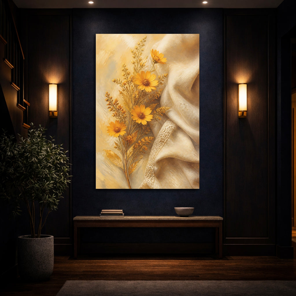 Mockup 4. Floral Yellow Flowers Yellow Flowers shown as stretched canvas wall art
