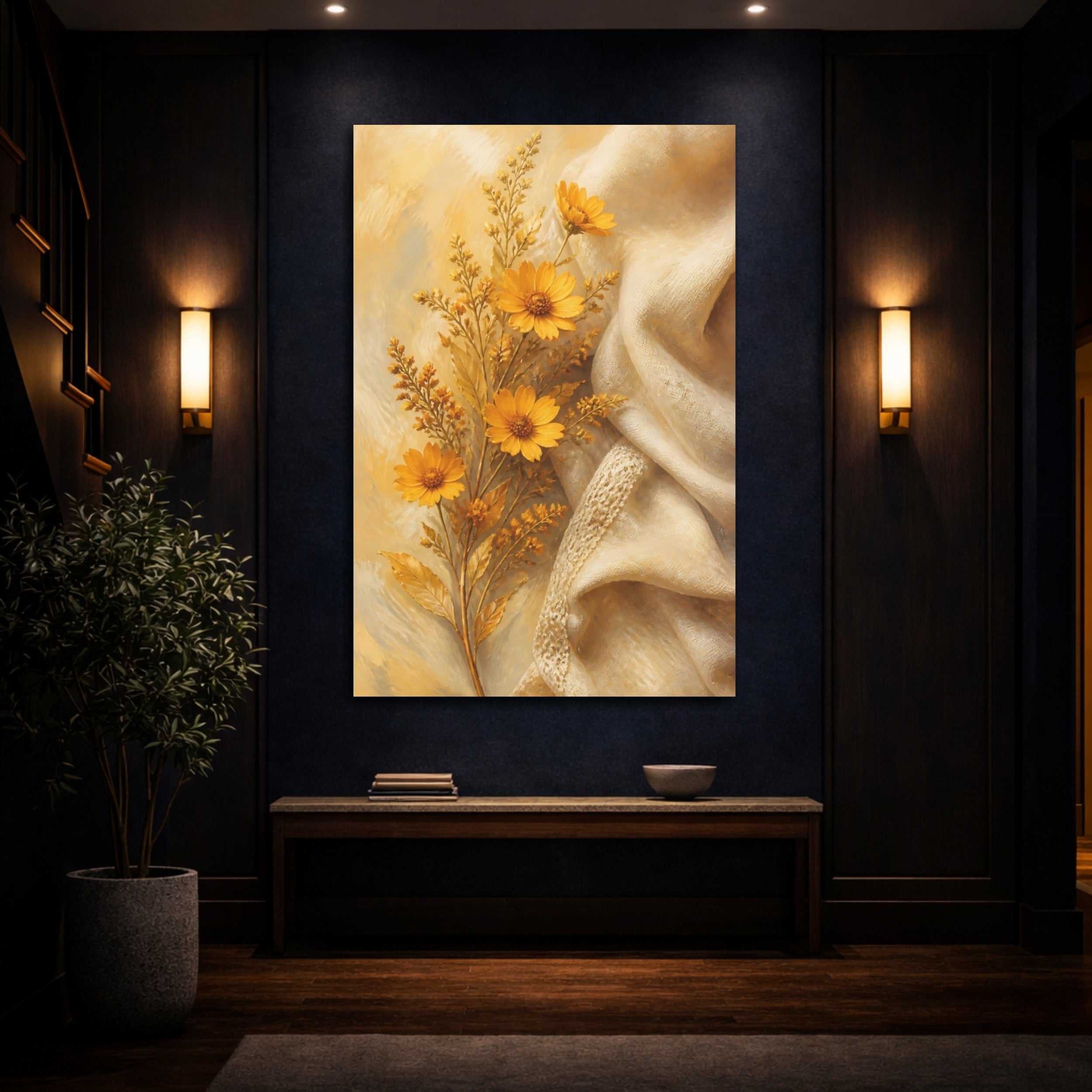 Mockup 4. Floral Yellow Flowers Yellow Flowers shown as stretched canvas wall art