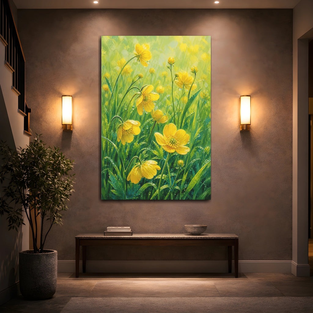 Mockup 2. Floral Yellow Flowers Yellow Green Floral shown as stretched canvas wall art