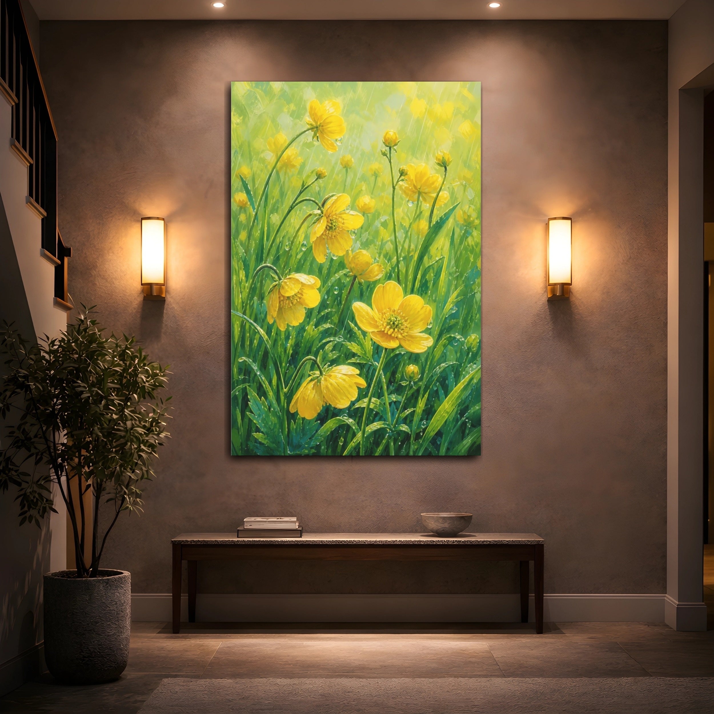 Mockup 2. Floral Yellow Flowers Yellow Green Floral shown as stretched canvas wall art