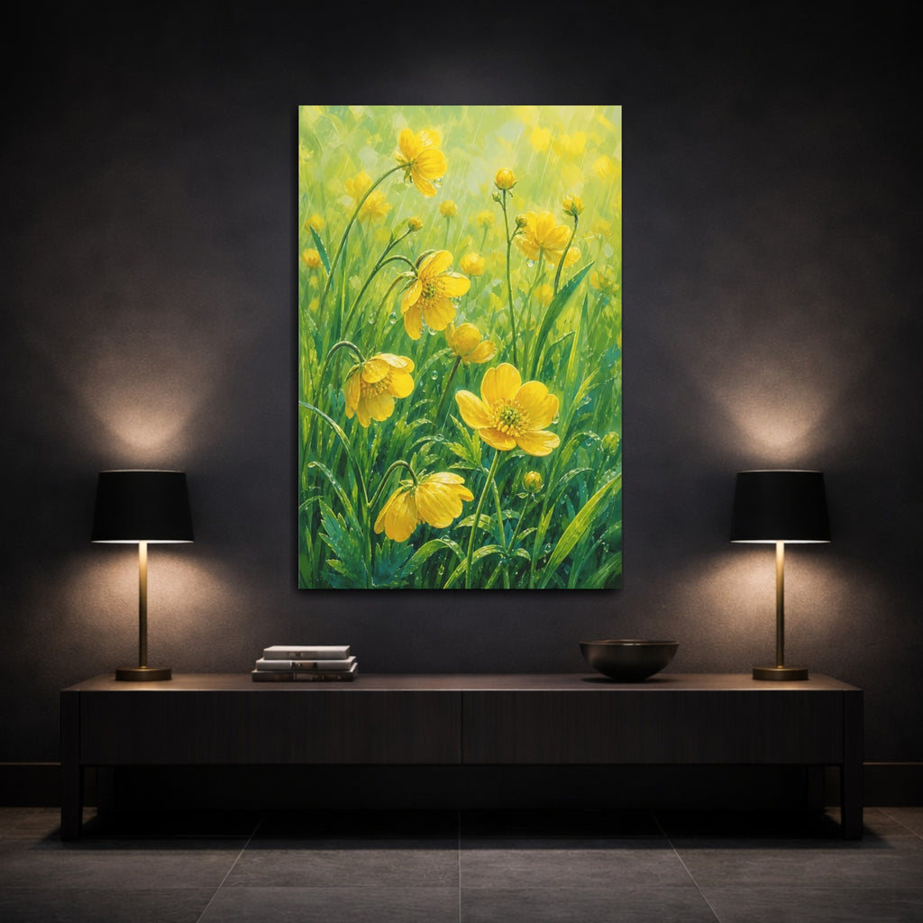 Mockup 3. Floral Yellow Flowers Yellow Green Floral shown as stretched canvas wall art
