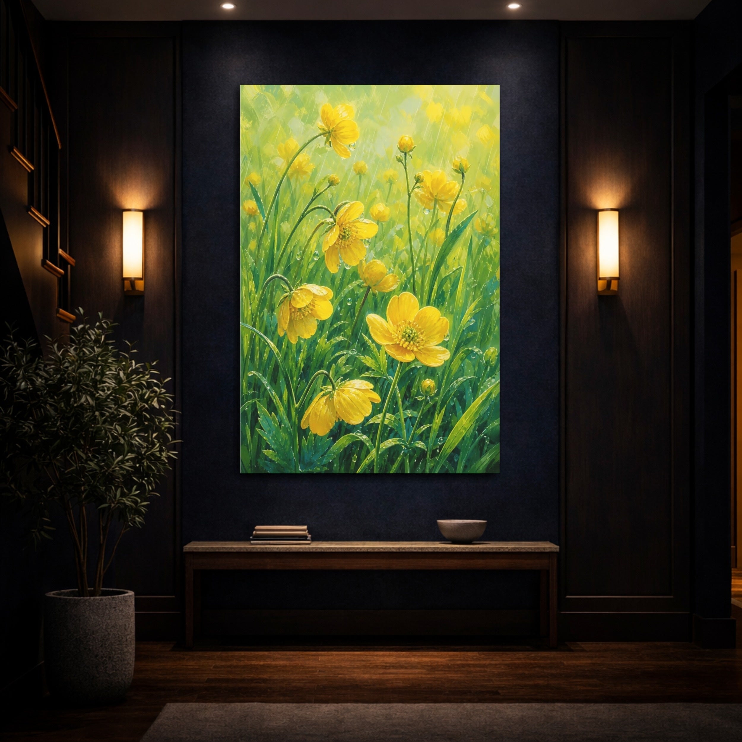Mockup 4. Floral Yellow Flowers Yellow Green Floral shown as stretched canvas wall art