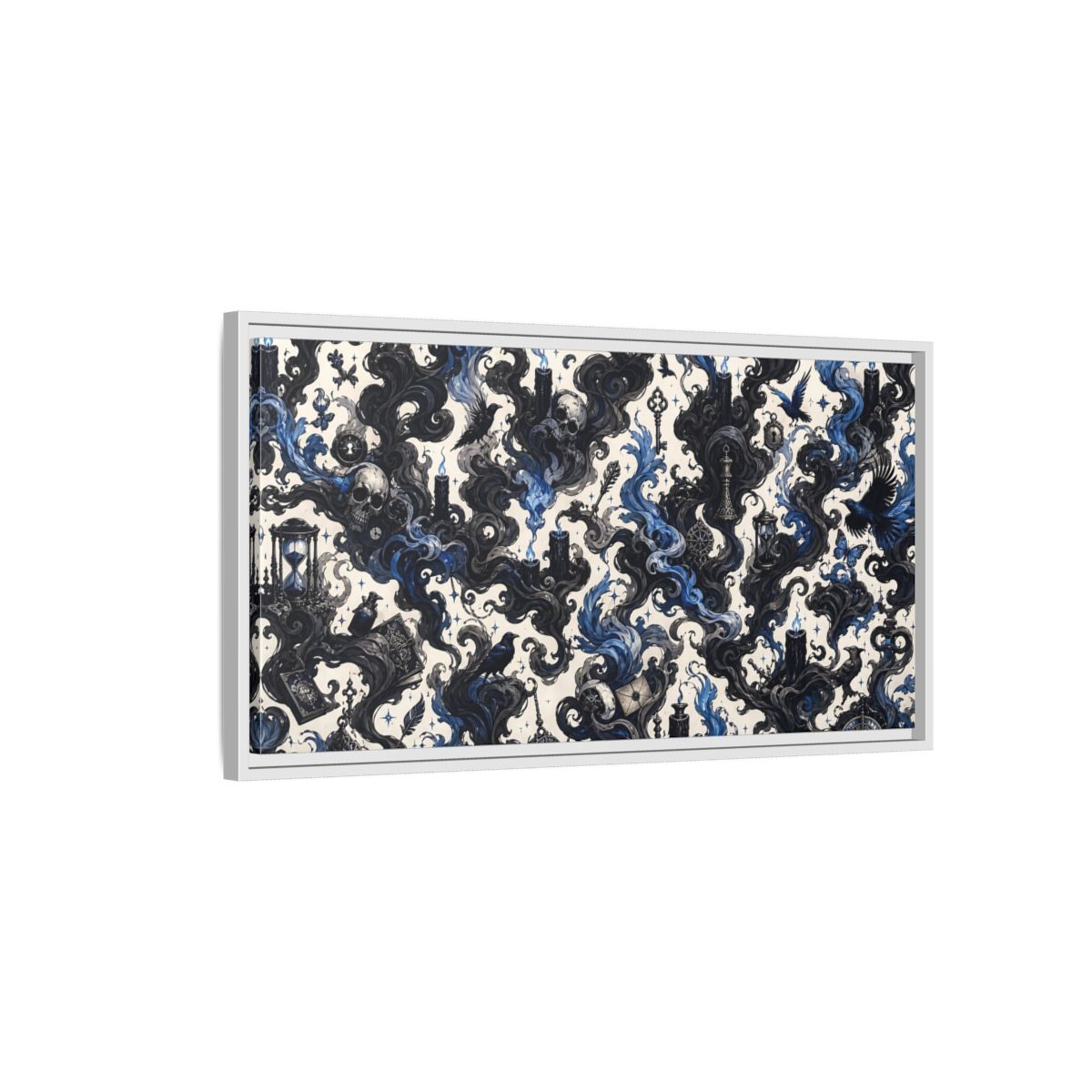 Side Mockup 1. Horror Skulls Black And Blue Gothic shown as stretched canvas wall art