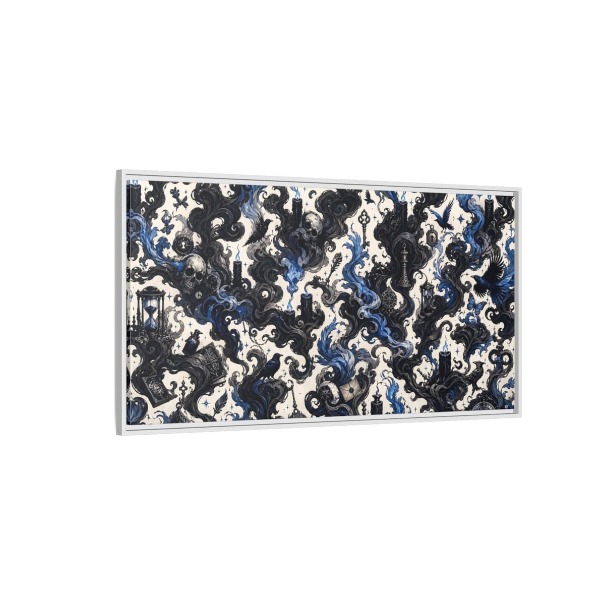 Side Mockup 3. Horror Skulls Black And Blue Gothic shown as stretched canvas wall art