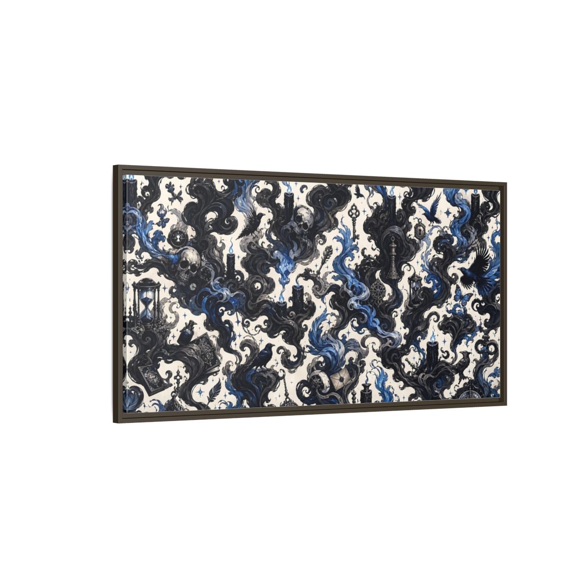 Side Mockup 4. Horror Skulls Black And Blue Gothic shown as stretched canvas wall art