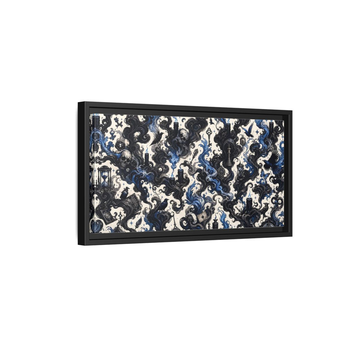 Side Mockup 8. Horror Skulls Black And Blue Gothic shown as stretched canvas wall art