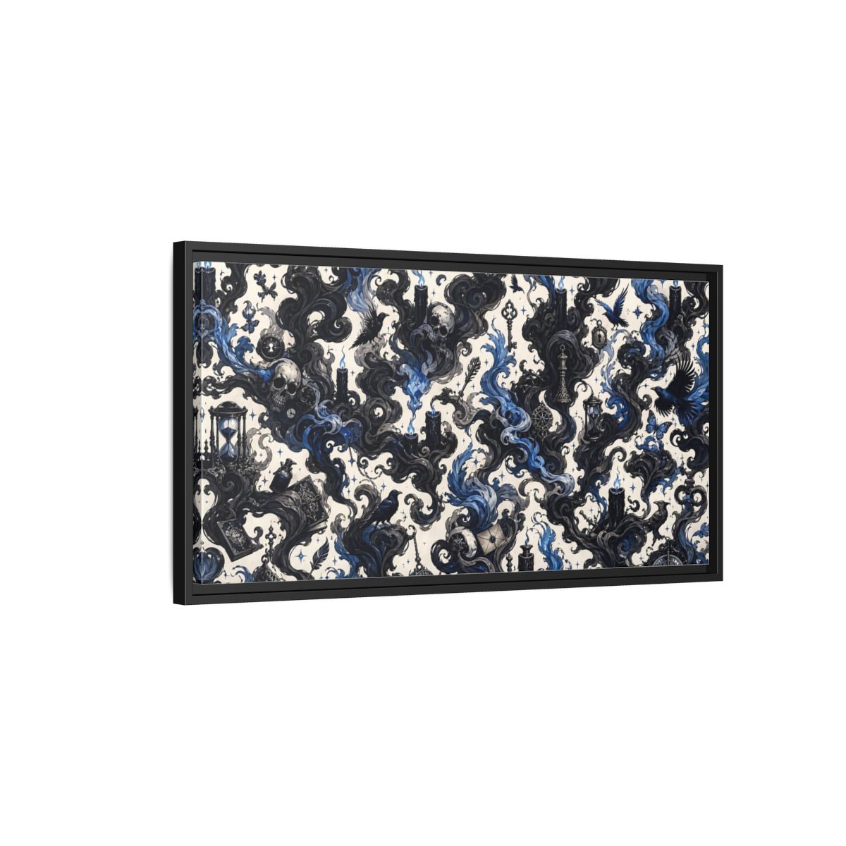 Side Mockup 2. Horror Skulls Black And Blue Gothic shown as stretched canvas wall art