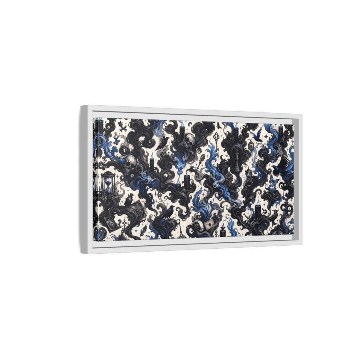 Side Mockup 6. Horror Skulls Black And Blue Gothic shown as stretched canvas wall art