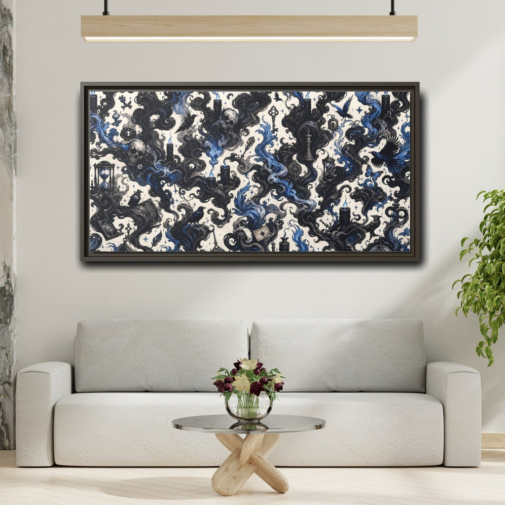 Mockup 2. Horror Skulls Black And Blue Gothic shown as stretched canvas wall art