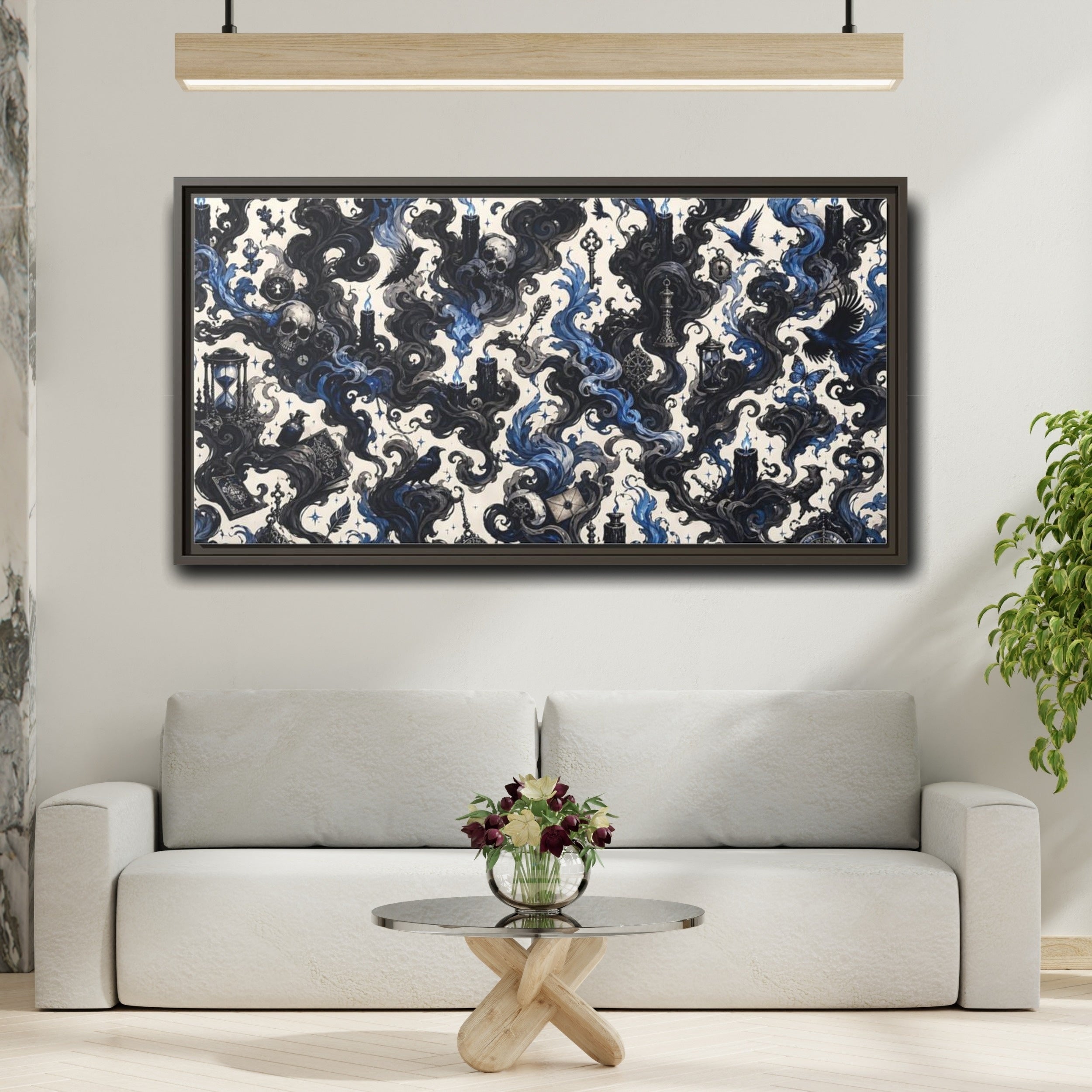 Mockup 2. Horror Skulls Black And Blue Gothic shown as stretched canvas wall art