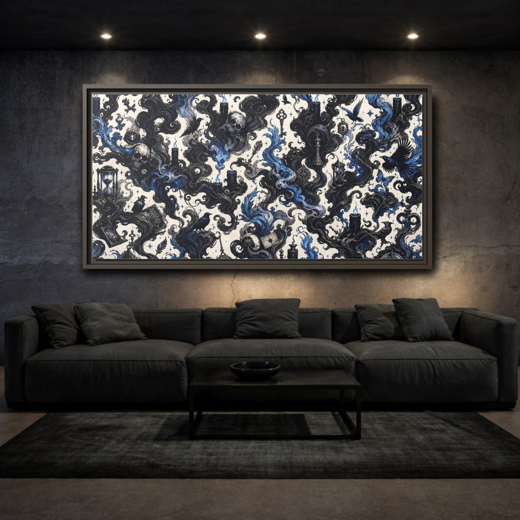 Mockup 3. Horror Skulls Black And Blue Gothic shown as stretched canvas wall art