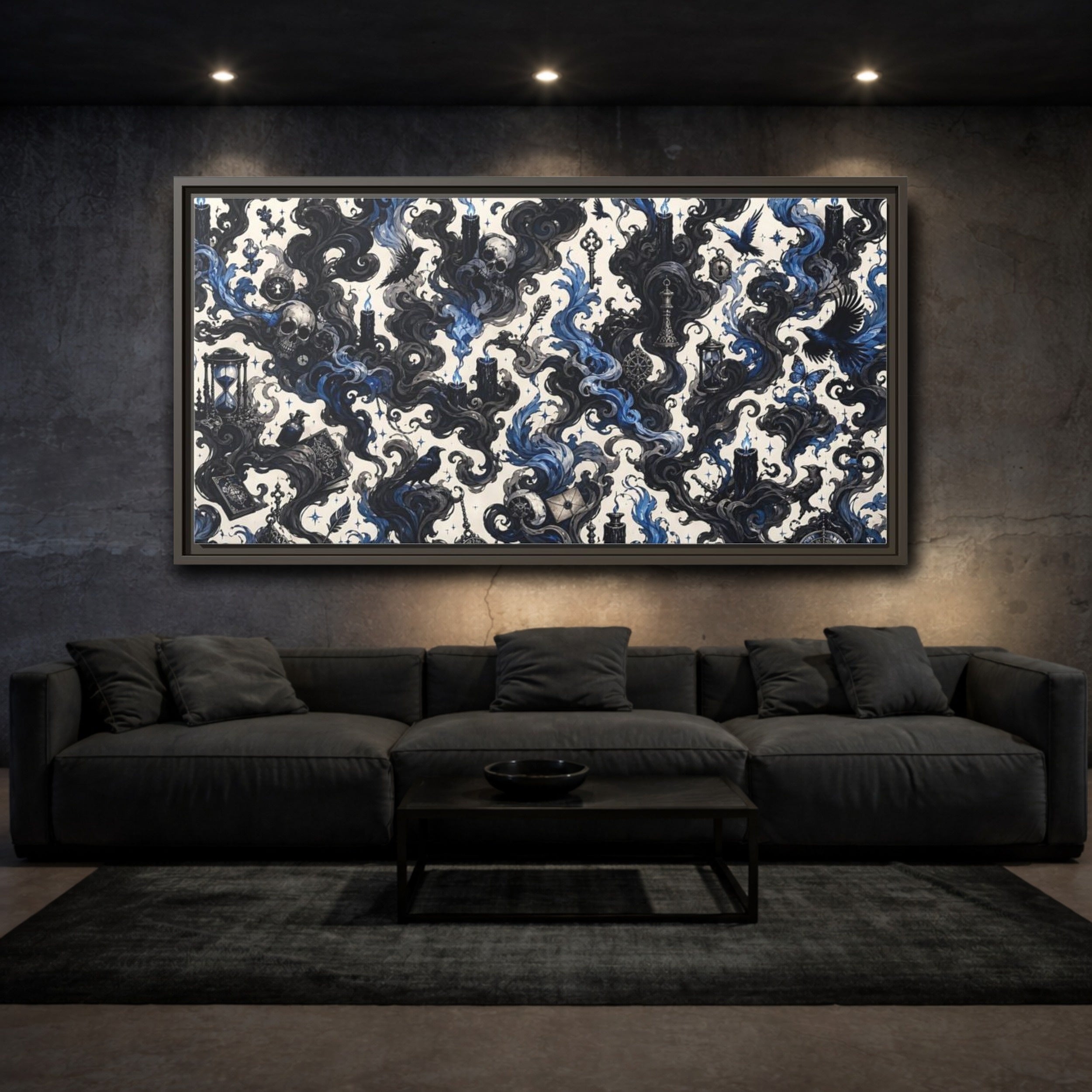 Mockup 3. Horror Skulls Black And Blue Gothic shown as stretched canvas wall art