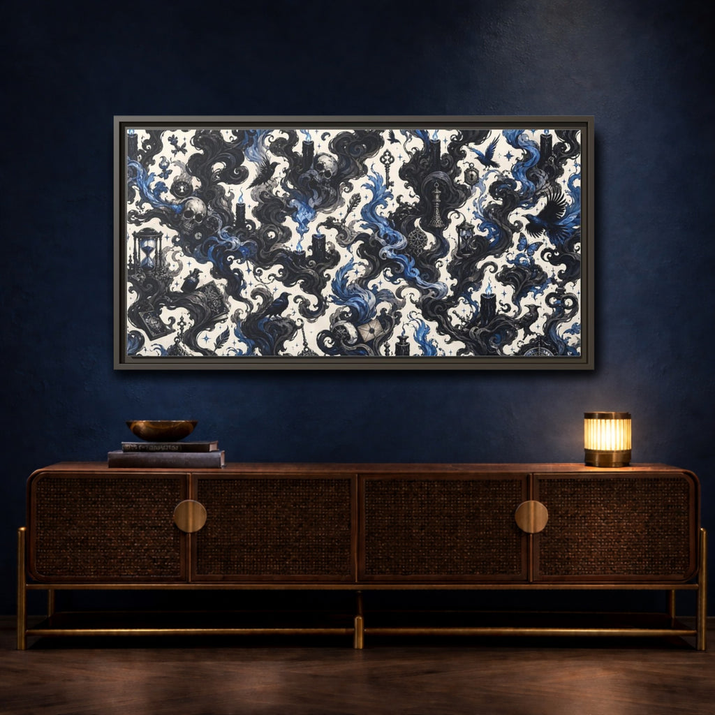 Mockup 4. Horror Skulls Black And Blue Gothic shown as stretched canvas wall art
