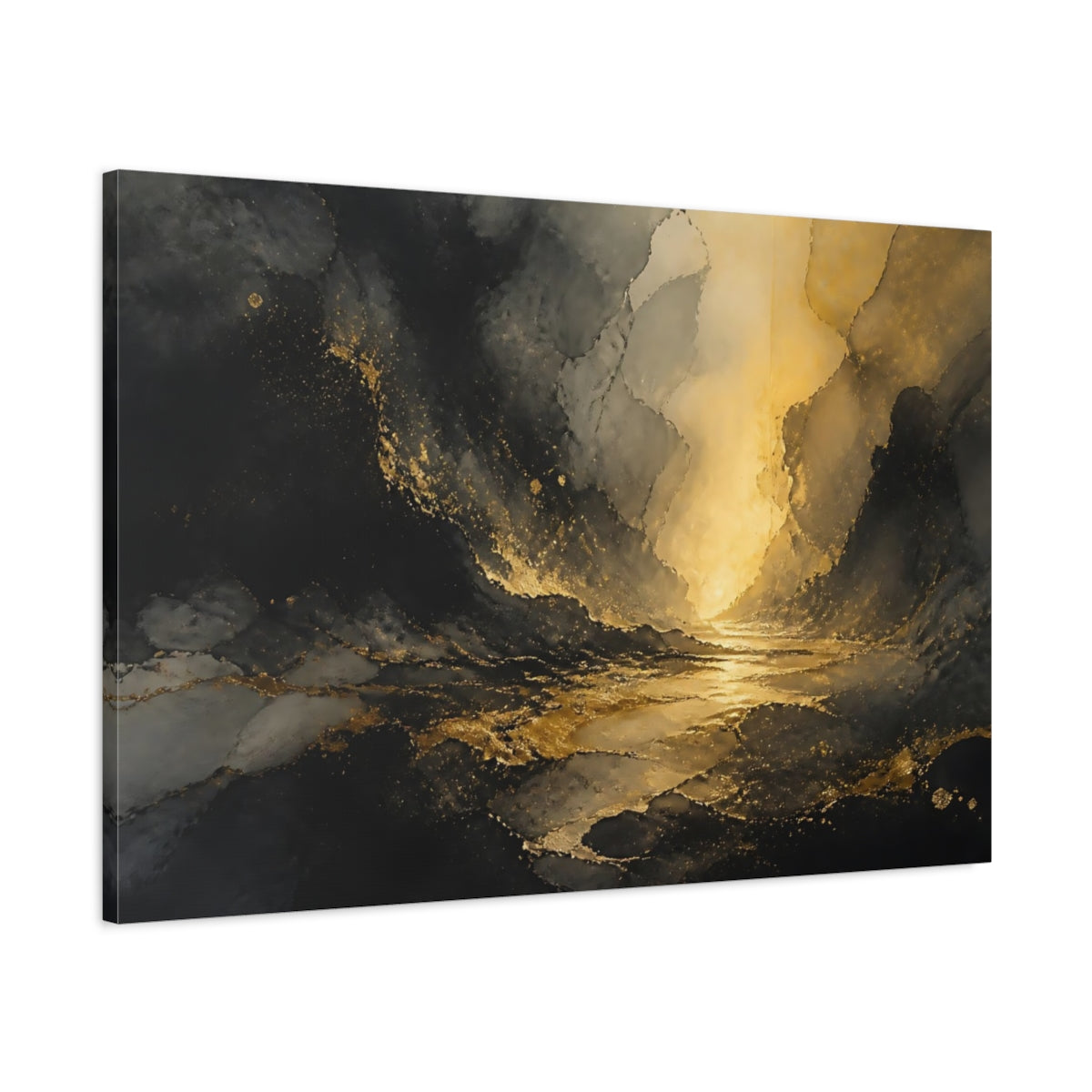 Main Mockup. Nature Abstract Landscape Black And Gold shown as stretched canvas wall art
