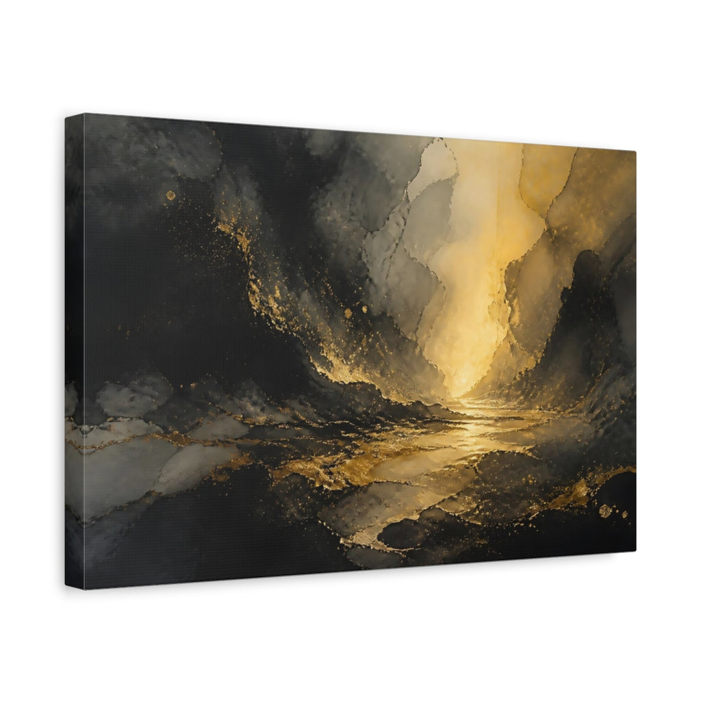 Side Mockup 4. Nature Abstract Landscape Black And Gold shown as stretched canvas wall art