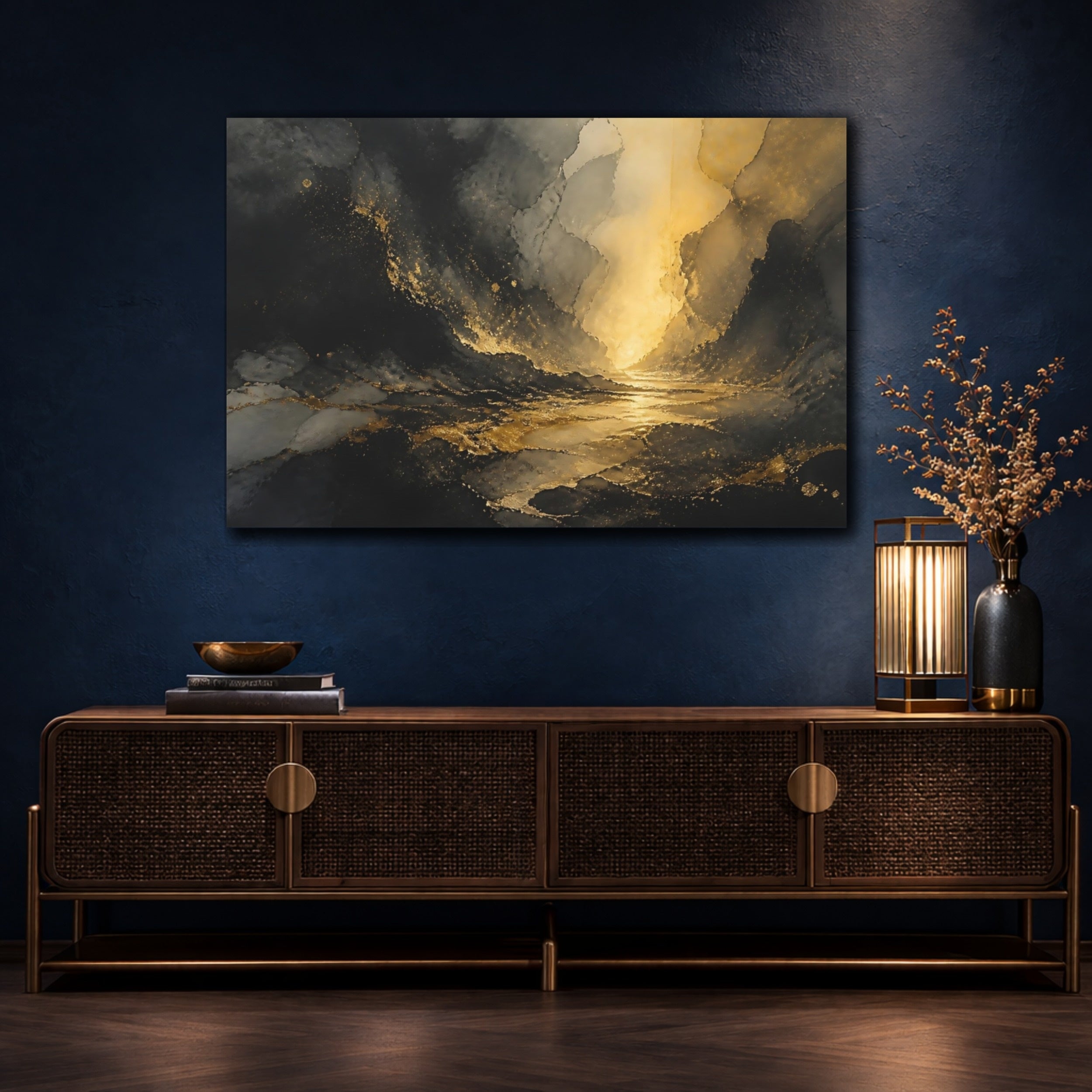 Mockup 4. Nature Abstract Landscape Black And Gold shown as stretched canvas wall art