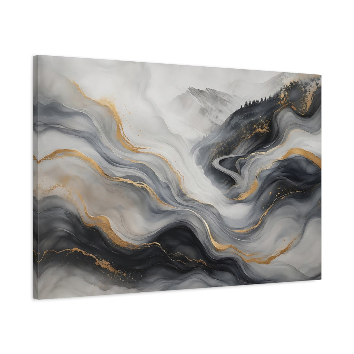 Main Mockup. Nature Abstract Landscape Grey Gold Abstract Landscape shown as stretched canvas wall art