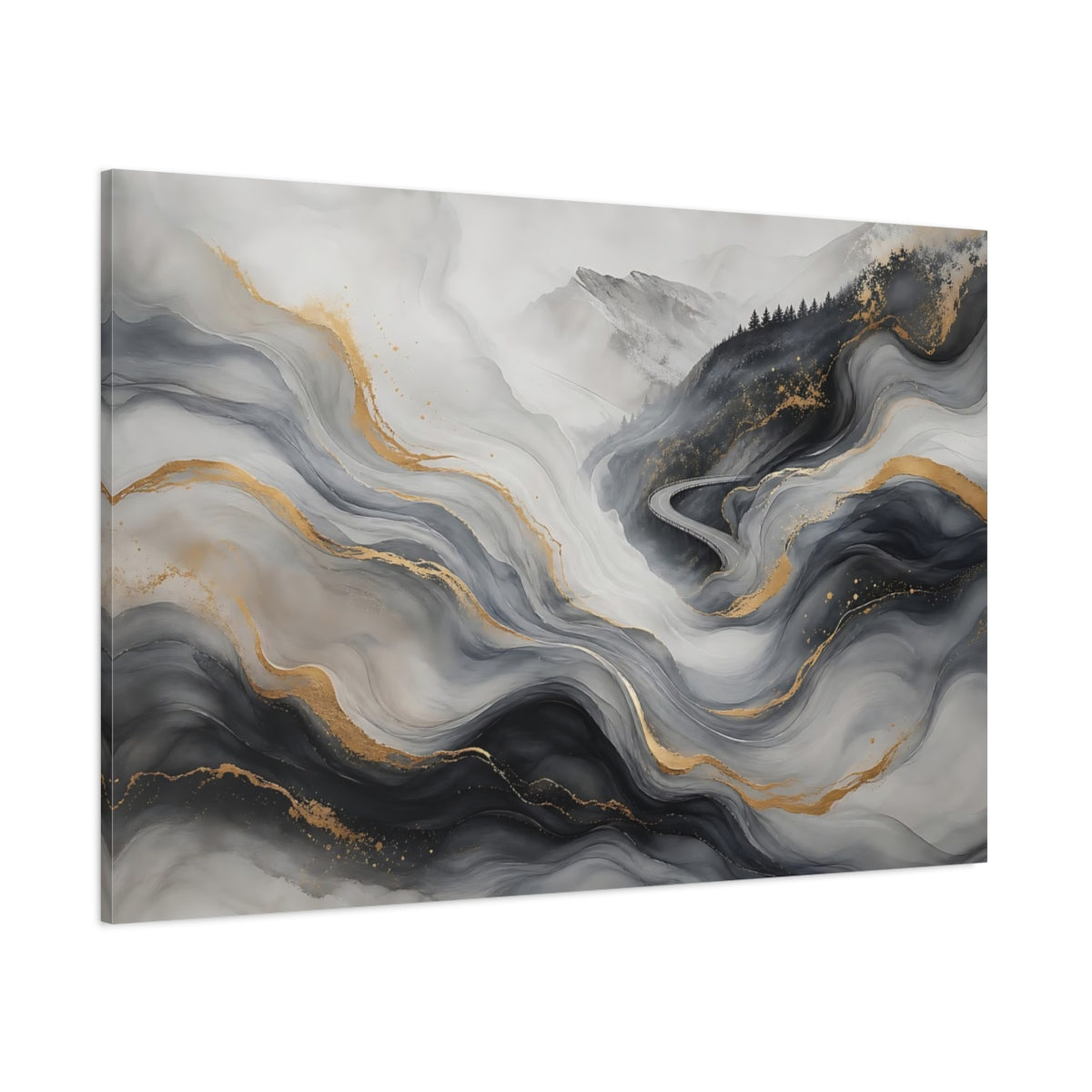 Side Mockup 1. Nature Abstract Landscape Grey Gold Abstract Landscape shown as stretched canvas wall art