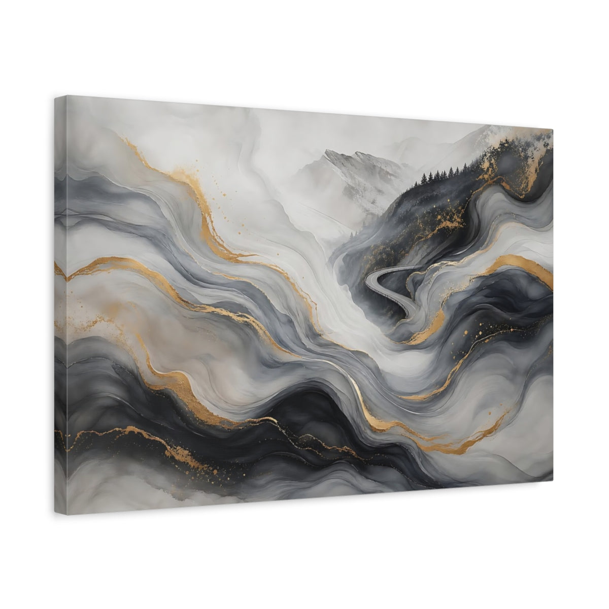 Side Mockup 3. Nature Abstract Landscape Grey Gold Abstract Landscape shown as stretched canvas wall art
