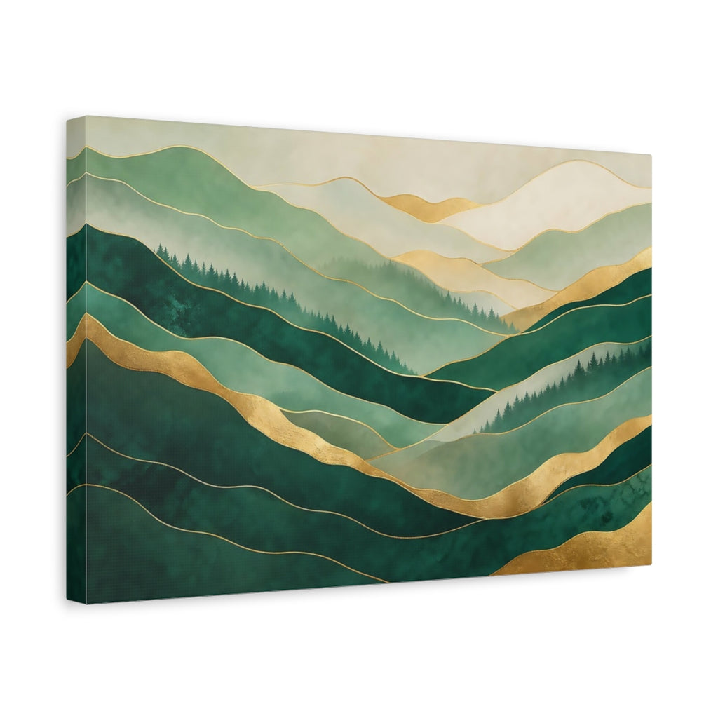 Side Mockup 4. Nature Abstract Mountains Green Gold Mountains shown as stretched canvas wall art