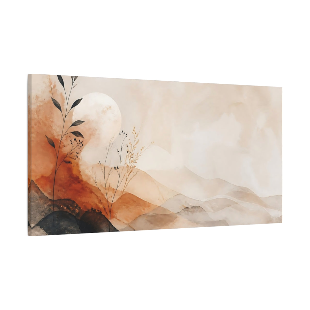Main Mockup. Nature Abstract Mountains Terracotta And Beige shown as stretched canvas wall art